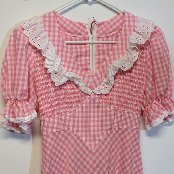 Vintage 1970s Pink White Gingham Ruffled Prairie Maxi Dress, Size XS - Picture 8 of 16